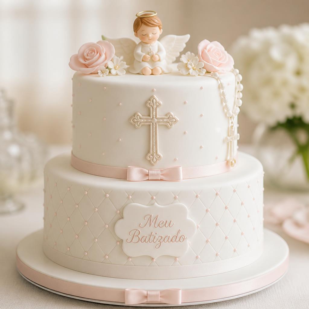 Bolo de batizado de dois andares, decorado com pasta de açúcar branca e detalhes rosa suave